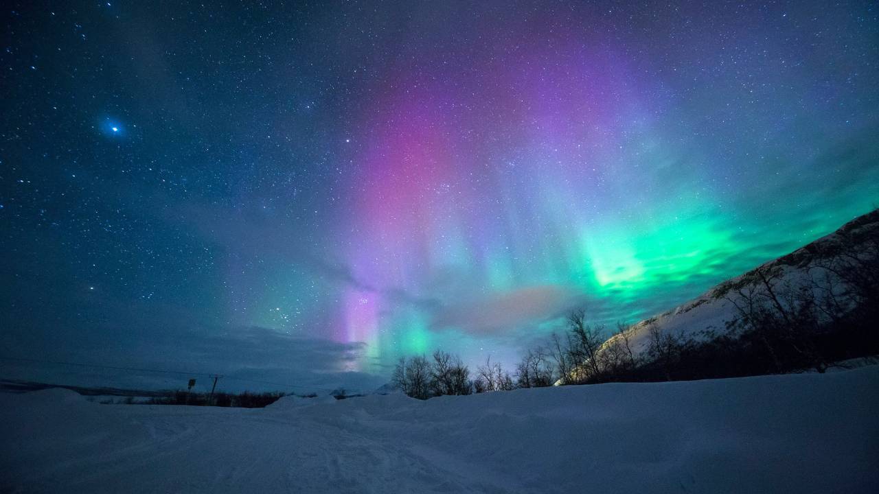 A photo of a colourful Aurora Borealis 