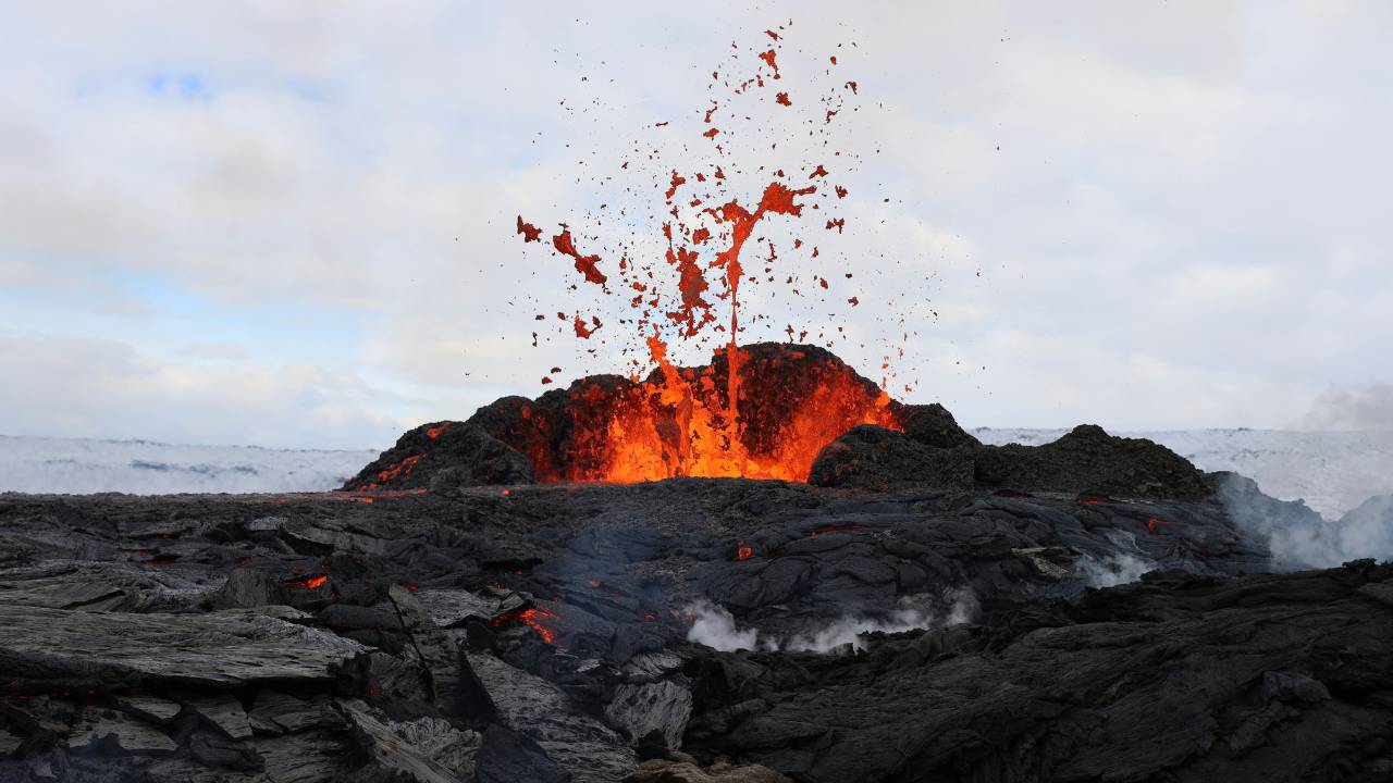 Magma erupting from a small volcano